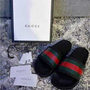 Authentic Gucci Men’s Black Slides with Red & Green Stripe Band